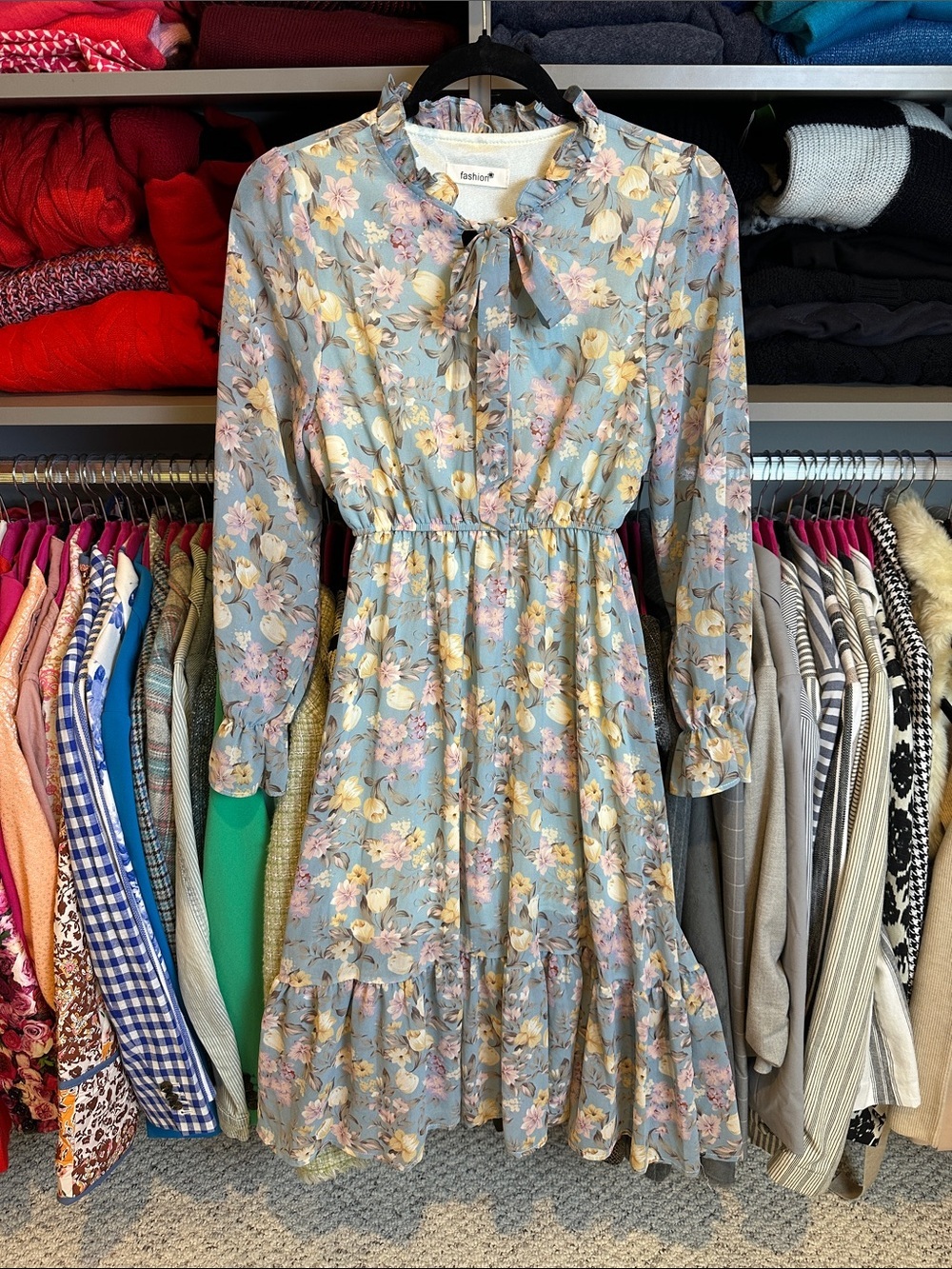 Fashion blue/pink floral long sleeve lined elastic waistband midi dress size S
